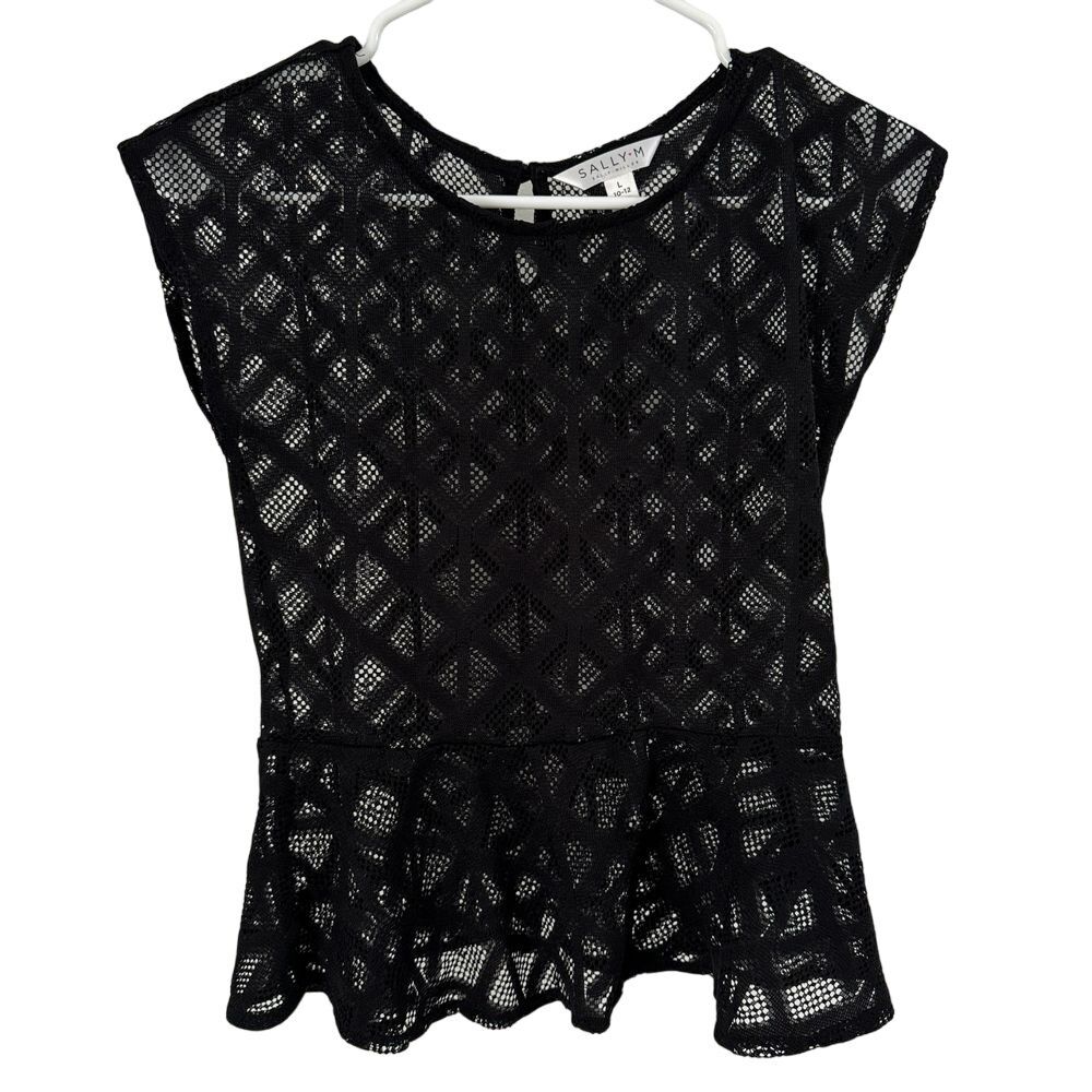 Sally Miller Peplum Top Blouse Womens L Black Semi Sheer Out Goth Boho‎ Coquette